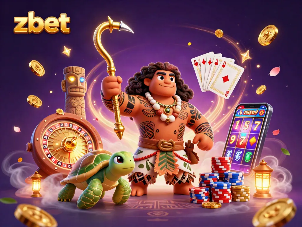 Experience thrilling gameplay with zbet's mythical demigod and turtle amid vibrant casino elements.