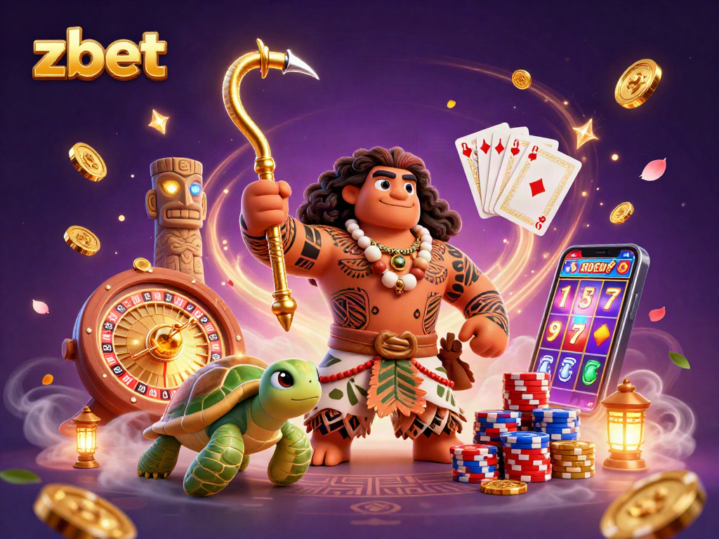 Experience thrilling gameplay with zbet's mythical demigod and turtle amid vibrant casino elements.