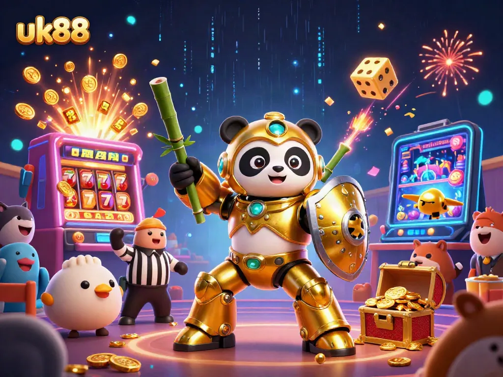 Experience the thrill of uk88 gaming with a golden panda piloting a robot in a vibrant 3D casino world.