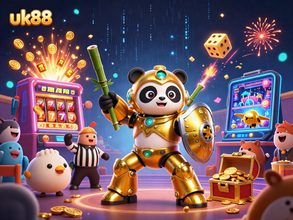 Experience the thrill of uk88 gaming with a golden panda piloting a robot in a vibrant 3D casino world.