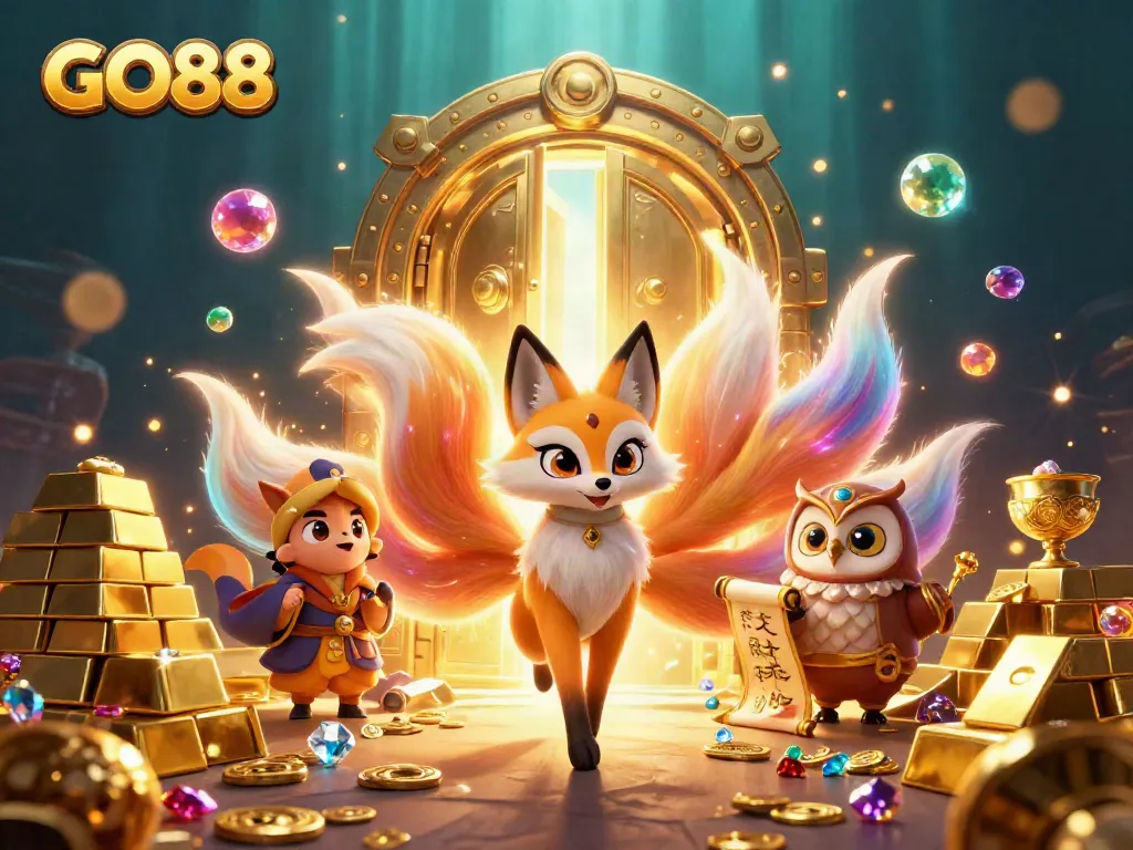 Engage with GO88's vibrant world, showcasing a glowing nine-tailed fox and treasure-filled casino elements.