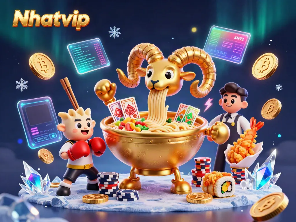 Nhatvip casino illustration featuring a dynamic ramen bowl dealer, crypto themes, and vibrant gaming elements
