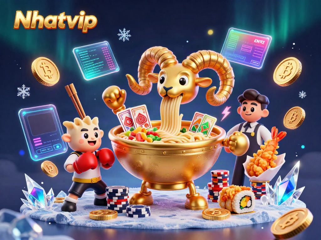 Nhatvip casino illustration featuring a dynamic ramen bowl dealer, crypto themes, and vibrant gaming elements