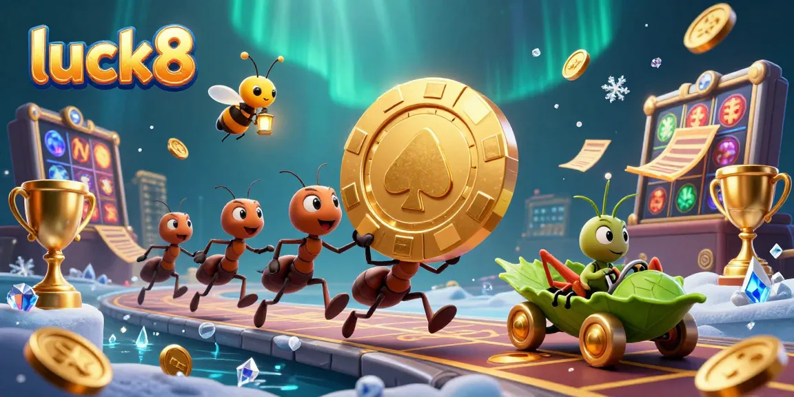 Experience the thrill of luck8 with a dynamic illustration of ants executing a heist, evoking excitement in casino gaming.