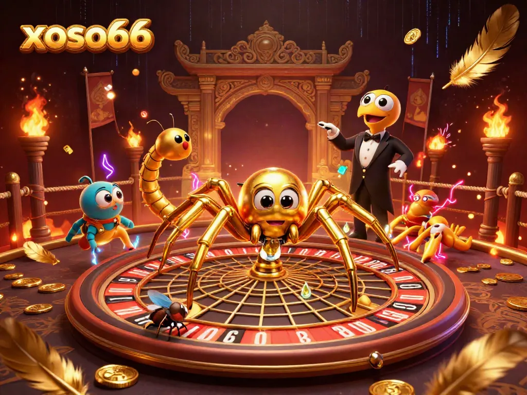 Xoso66 roulette-themed illustration with a golden spider and a centipede croupier creating an engaging gambling scene