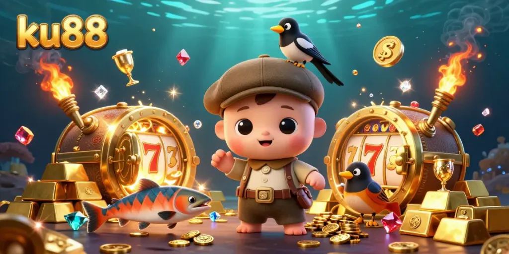 Engaging scene of ku88 featuring 3D cartoon Nessie and treasure, perfect for online casino gaming.