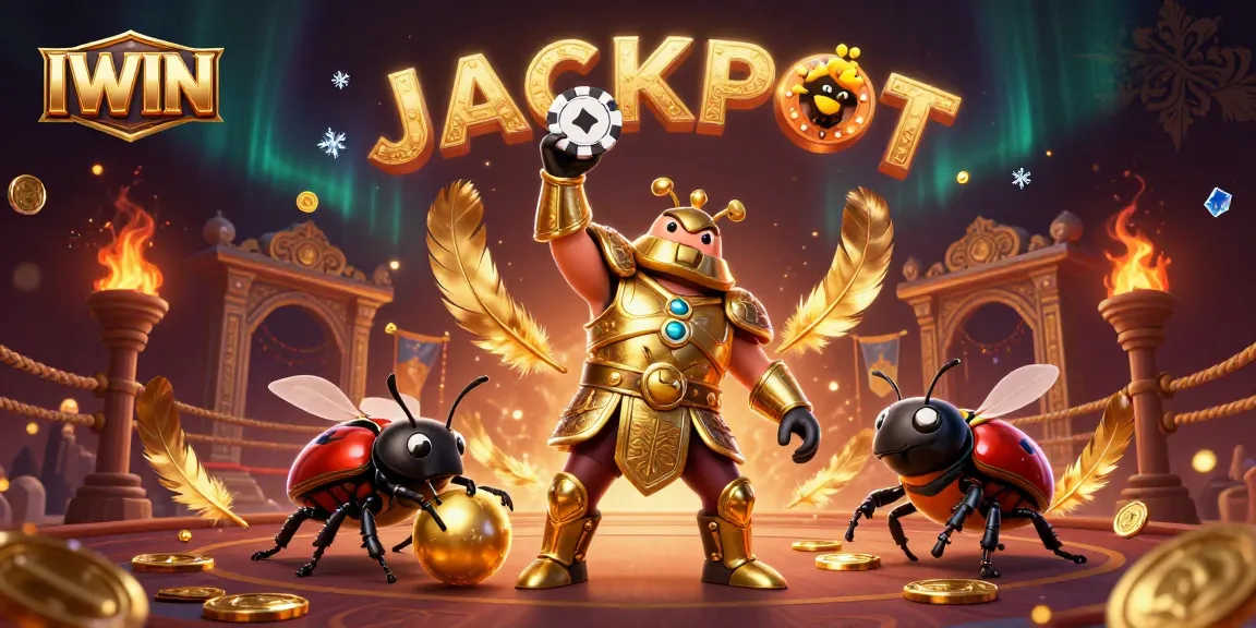 IWIN showcases a vibrant 3D scene with a victorious beetle, golden tokens, and a jackpot display in a dynamic casino setting.
