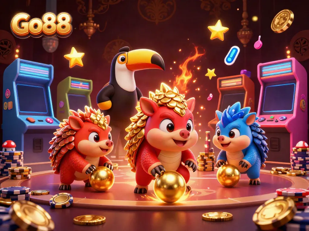 Engage in thrilling games at Go88 with a dynamic scene of cartoon pangolins competing amidst colorful casino elements.