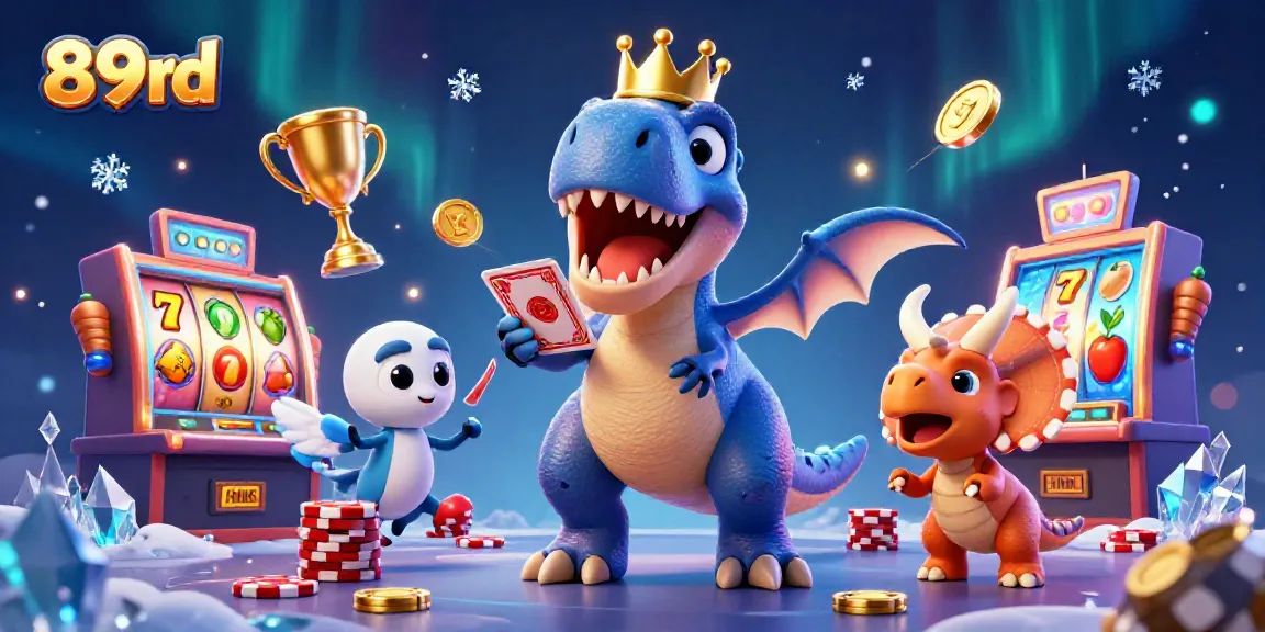 Engage with 89bd's thrilling casino scene featuring a T-Rex, pterodactyl, and triceratops in a colorful slot machine adventure.