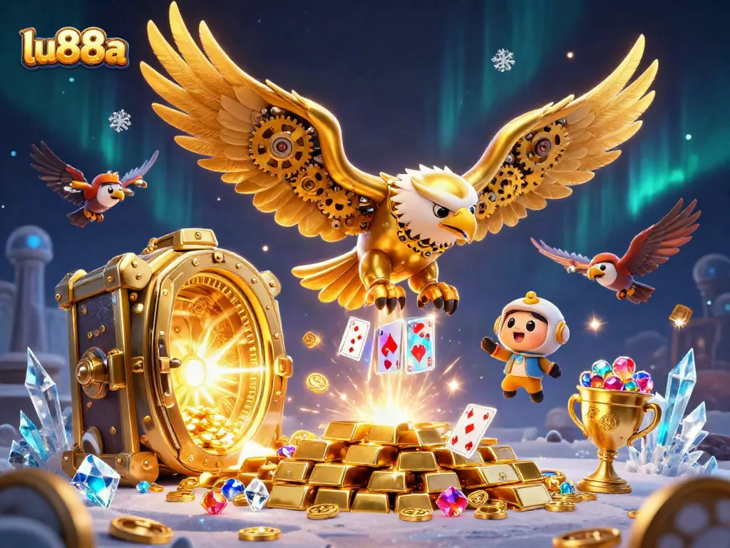 Experience thrilling gameplay with lu88a's golden eagle soaring through a treasure-filled casino scene.