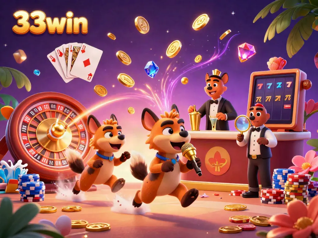 Experience the excitement of 33win in a vibrant 3D casino scene featuring hyenas and dynamic game elements.