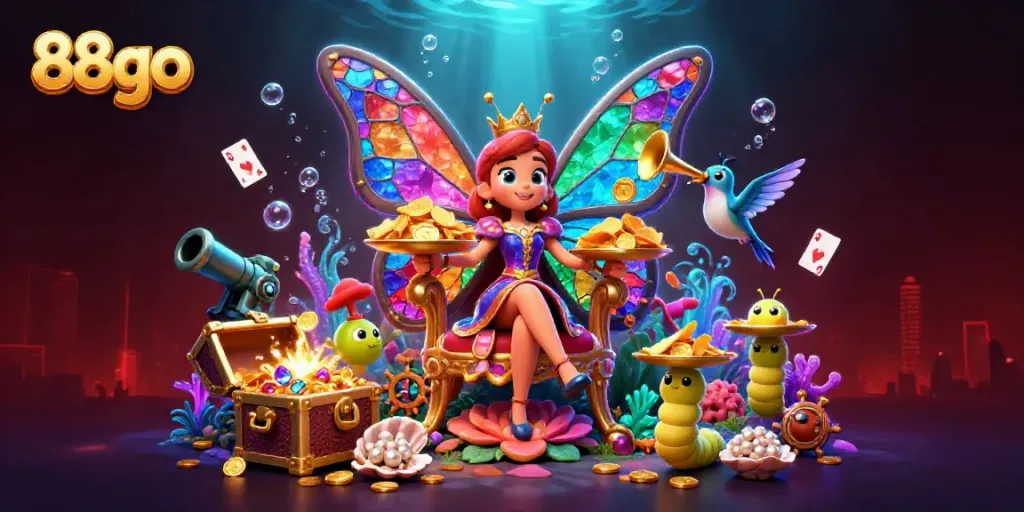 Engage with thrilling 88go experiences depicted in a vibrant casino-themed underwater fantasy scene.