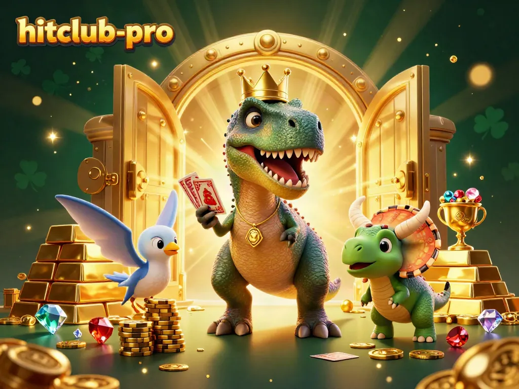 Experience the excitement of hitclub-pro with cartoon dinosaurs in a lively casino scene.