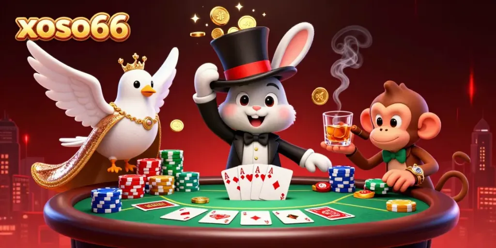 xoso66 captures the thrill of casino gaming with a magician rabbit, dove, and monkey amidst vibrant poker elements.