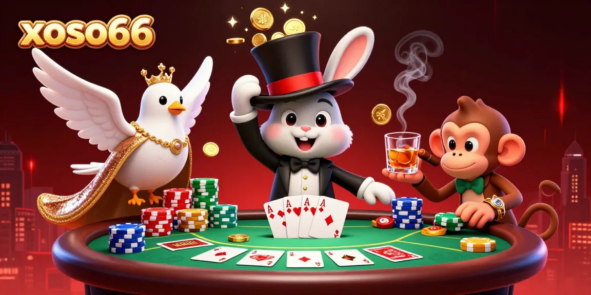 xoso66 captures the thrill of casino gaming with a magician rabbit, dove, and monkey amidst vibrant poker elements.