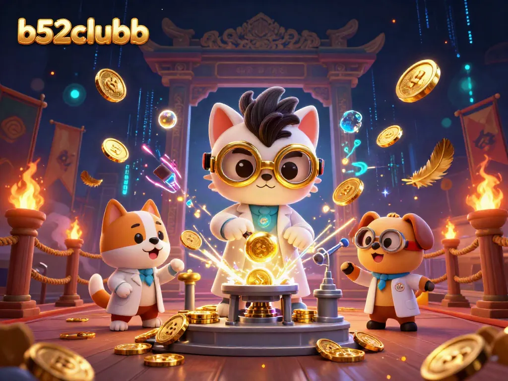 Experience the vibrant world of b52clubb with a mad scientist cat and loyal dog in a thrilling casino scene.