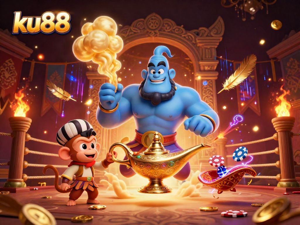 Play exciting games at ku88 casino with a vibrant scene featuring a genie, monkey, and lively magic carpet.