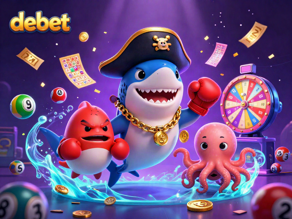 Join the fun at debet as the pirate shark and friends collect colorful lottery balls in a vibrant casino scene.
