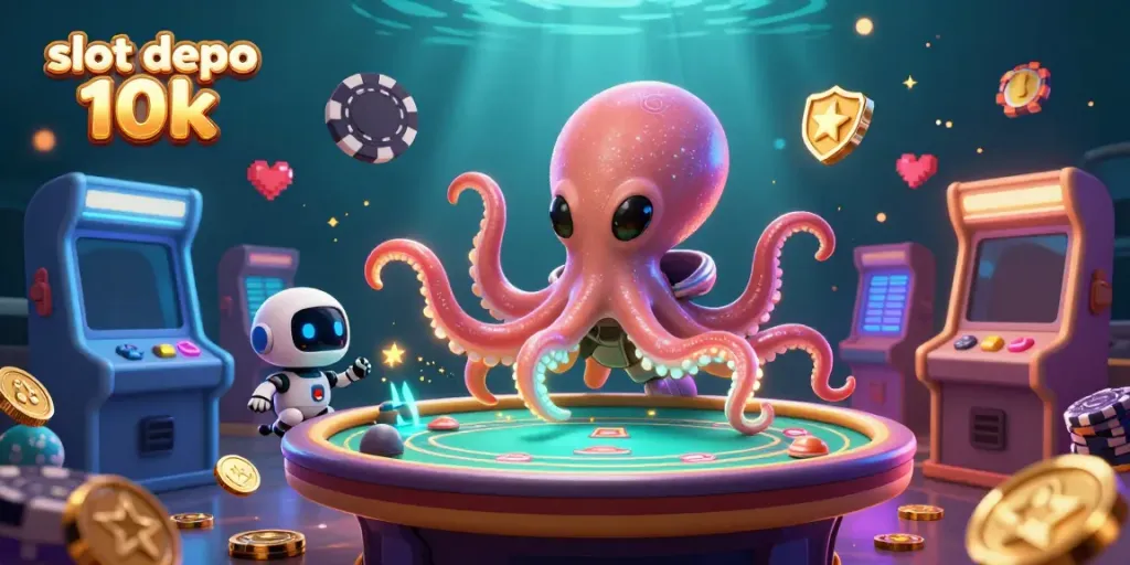 Engage with slot depo 10k while a cartoon alien octopus plays poker amidst vibrant arcade elements.