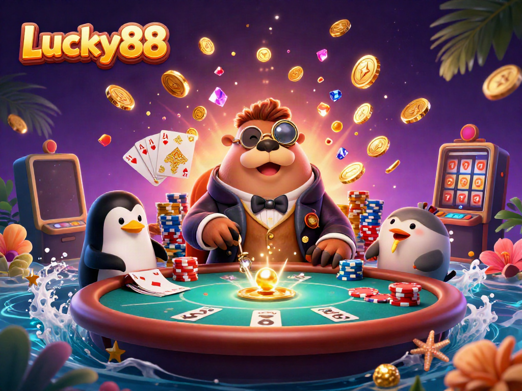 Lucky88 casino illustration with a walrus at a poker table, casino elements exploding around.