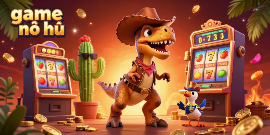 Experience the thrill of game nổ hũ with vibrant slot machines and animated characters in this exciting casino illustration.