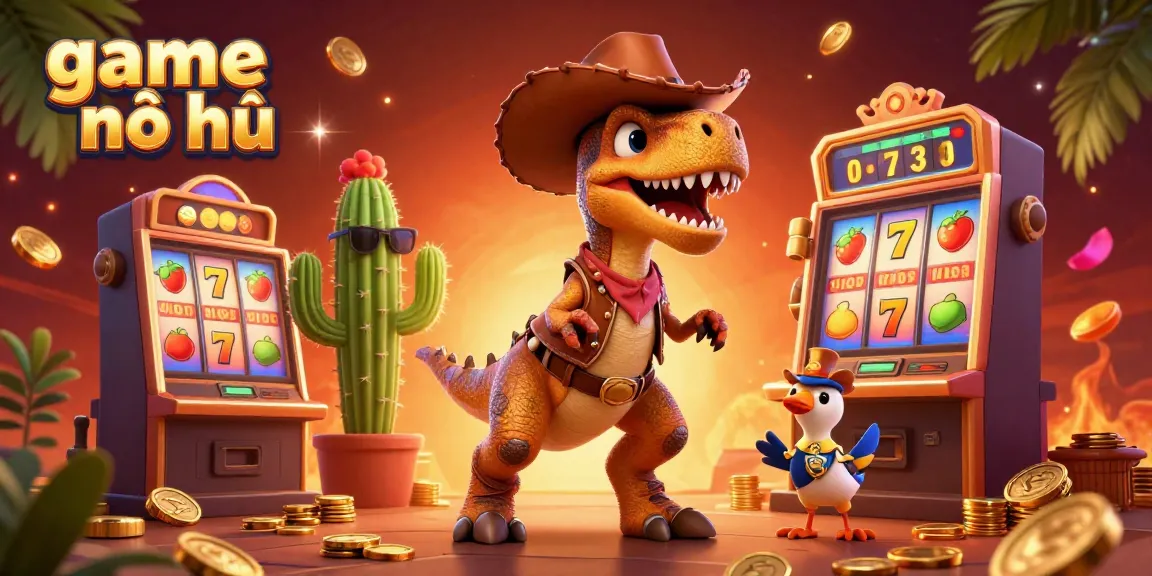 Experience the thrill of game nổ hũ with vibrant slot machines and animated characters in this exciting casino illustration.