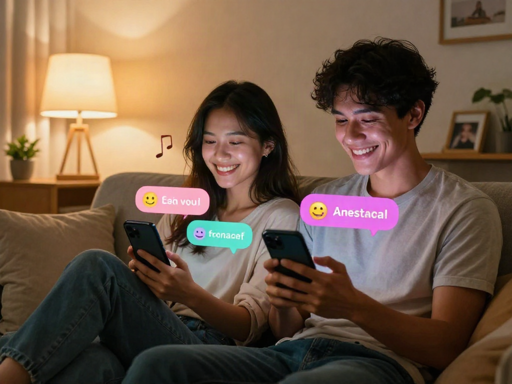 Couple using smartphones for ai sexting in cozy living room, showcasing romance and technology.