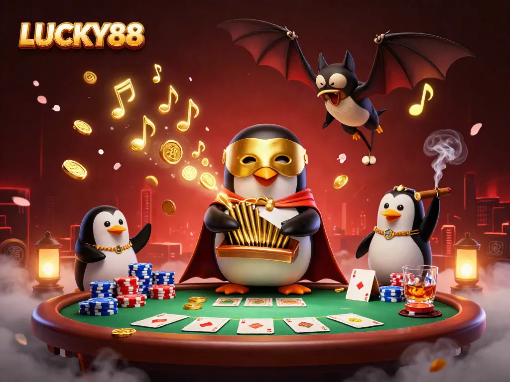 Experience the vibrant world of LUCKY88 with a lively casino scene featuring animated characters and dynamic gambling elements.