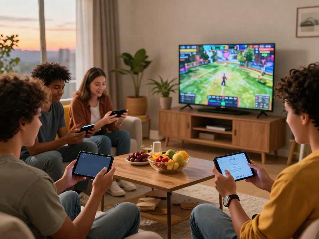 Friends engaging with Sunwin app in a cozy gaming space with warm lighting.