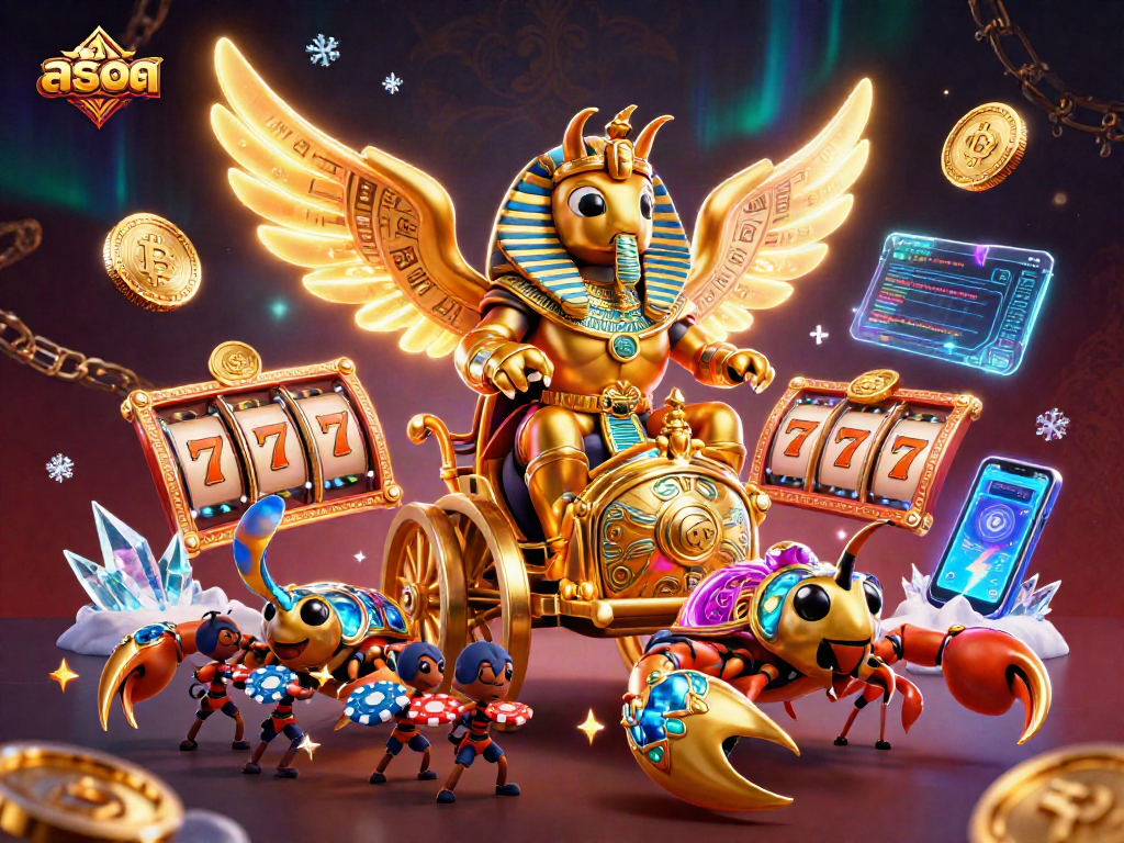 Play thrilling สล็อต adventures with a golden scarab beetle and dazzling casino elements in 3D.