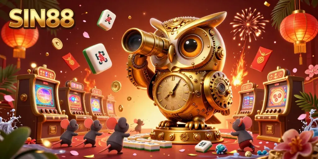 Engage in vibrant casino action at SIN88 with a clockwork owl observing game activities.