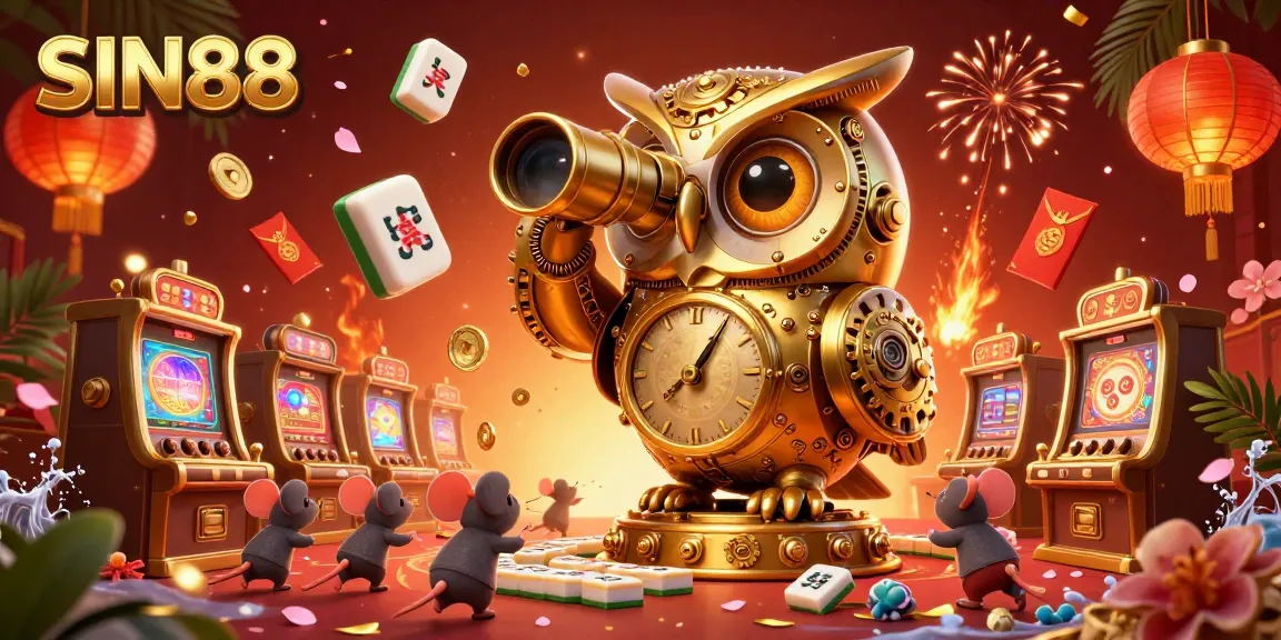 Engage in vibrant casino action at SIN88 with a clockwork owl observing game activities.