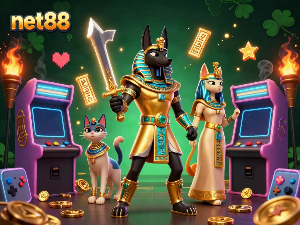 Experience the thrill of net88 casino with Anubis and Bastet amid vibrant gaming elements.