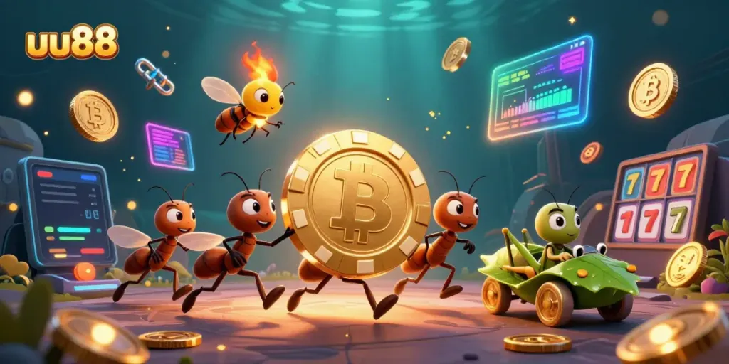 Exciting uu88 illustration of ants heisting a giant poker chip in a dynamic casino setting.