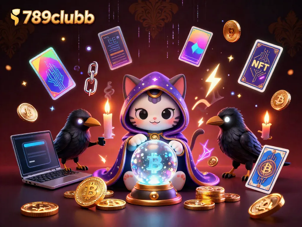 Experience the excitement of 789clubb with a mystic cat and tarot raven amid swirling crypto elements.