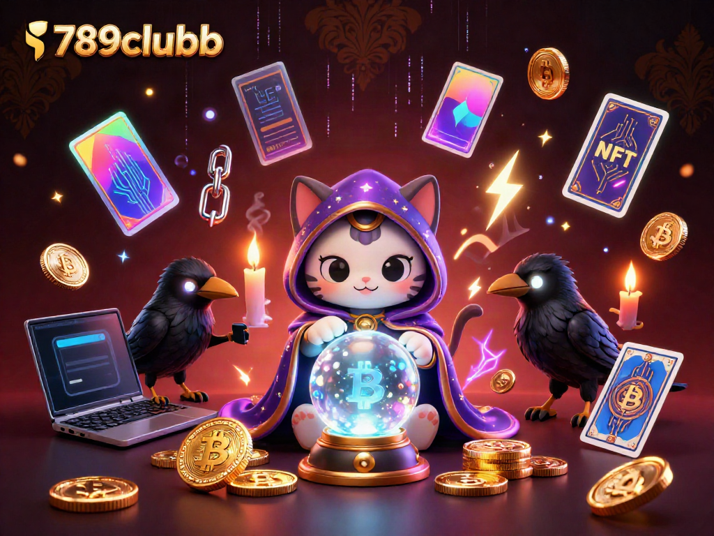 Experience the excitement of 789clubb with a mystic cat and tarot raven amid swirling crypto elements.