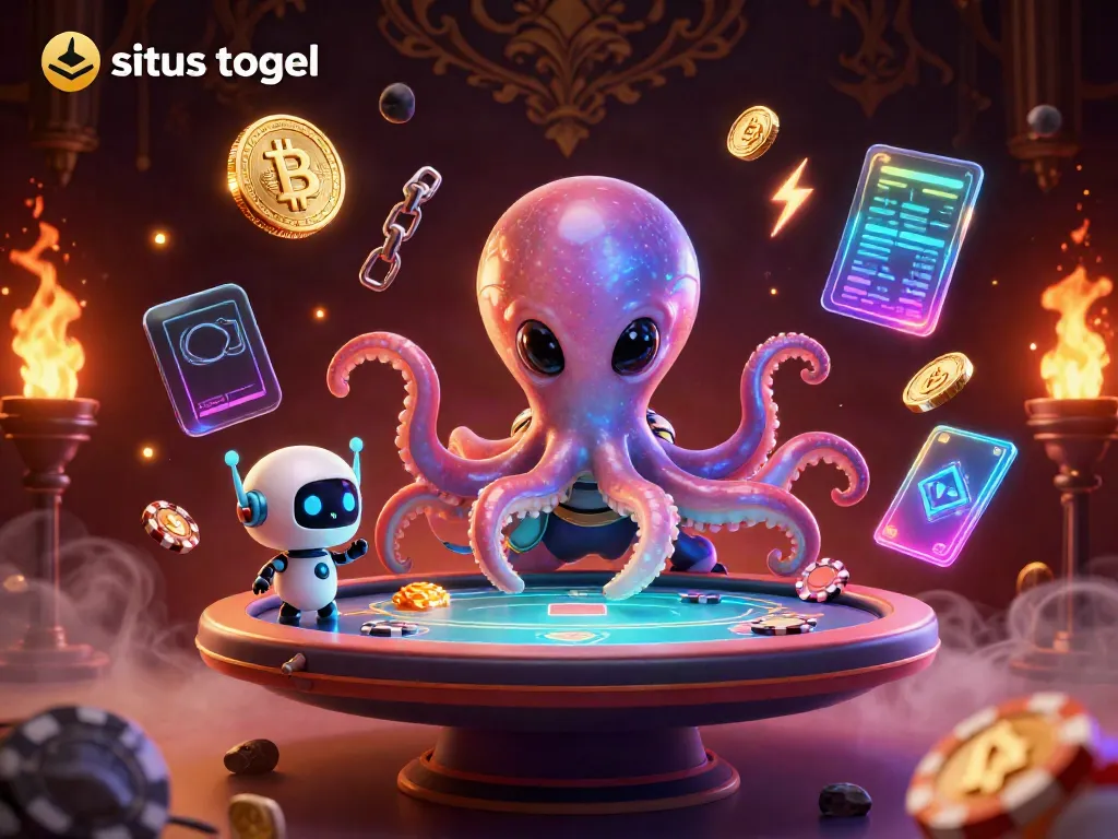 Engage in situs togel with a unique alien octopus and robot at a holographic poker table.