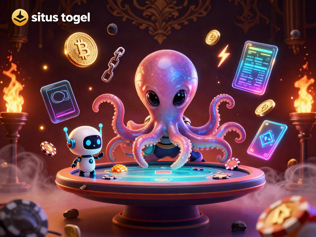 Engage in situs togel with a unique alien octopus and robot at a holographic poker table.