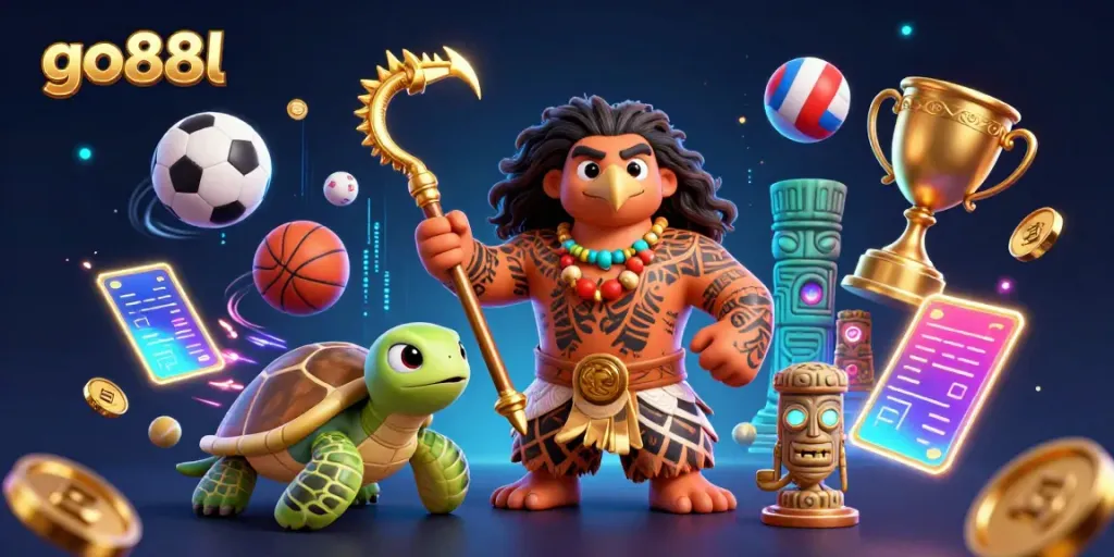 Experience thrilling gameplay at go88l with a dynamic 3D illustration featuring vibrant characters and casino elements.
