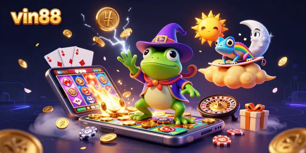 Win big with vin88 as the wizard frog conjures coins in a vibrant casino scene!
