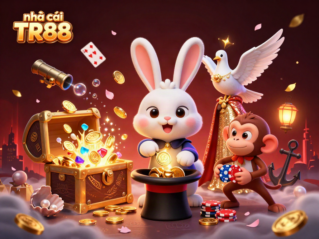 Experience the magic of Nhà cái TR88 with a rabbit pulling coins, surrounded by gaming treasures.