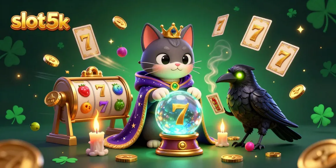 Experience thrilling slot 5k gameplay with a mystical cat fortune teller and vibrant casino elements in this 3D scene.
