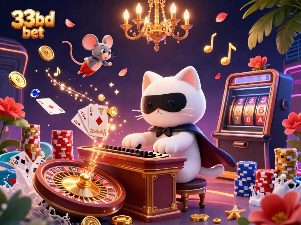 Experience the excitement of 33bd bet with a vibrant casino scene featuring a phantom white cat, mouse acrobat, and sparkling gems.