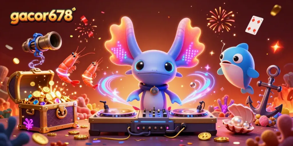 Experience gacor678's vibrant casino with lively characters and stunning visuals in this dynamic illustration.
