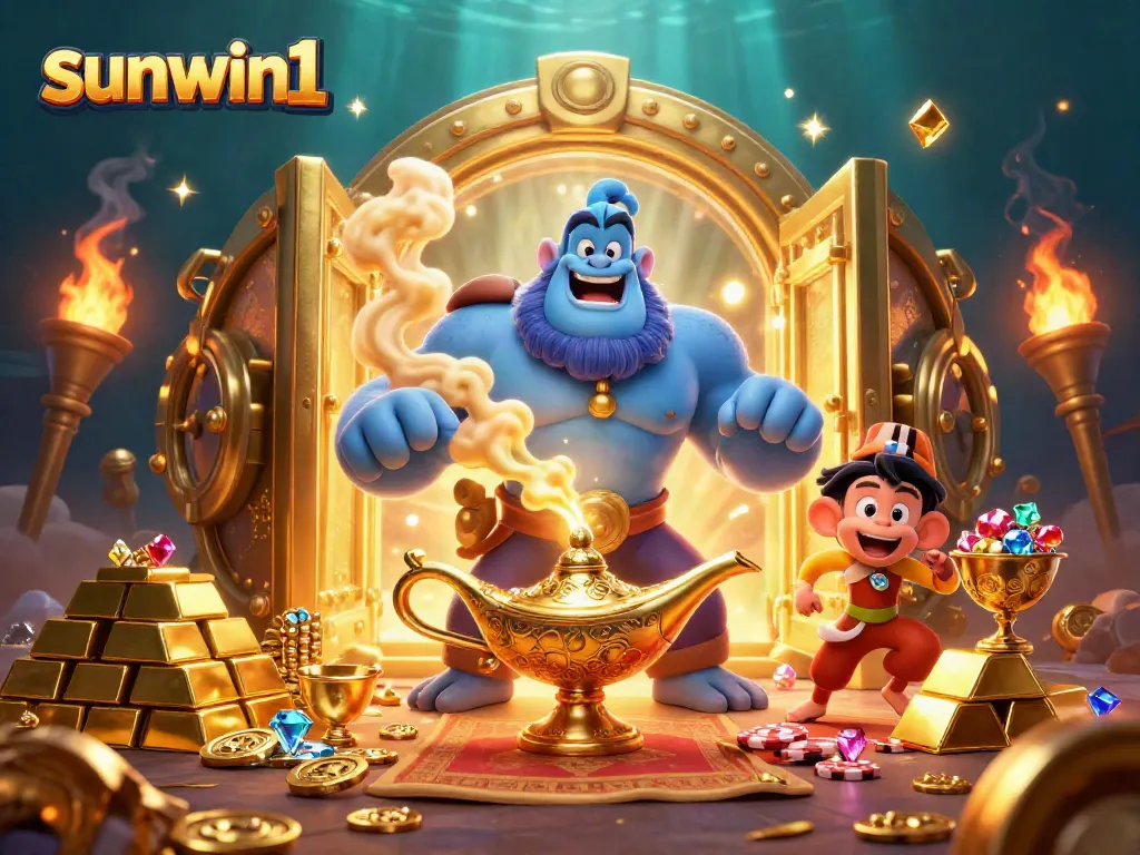 Play and win at sunwin1's vibrant casino experience featuring golden treasures and lively characters.