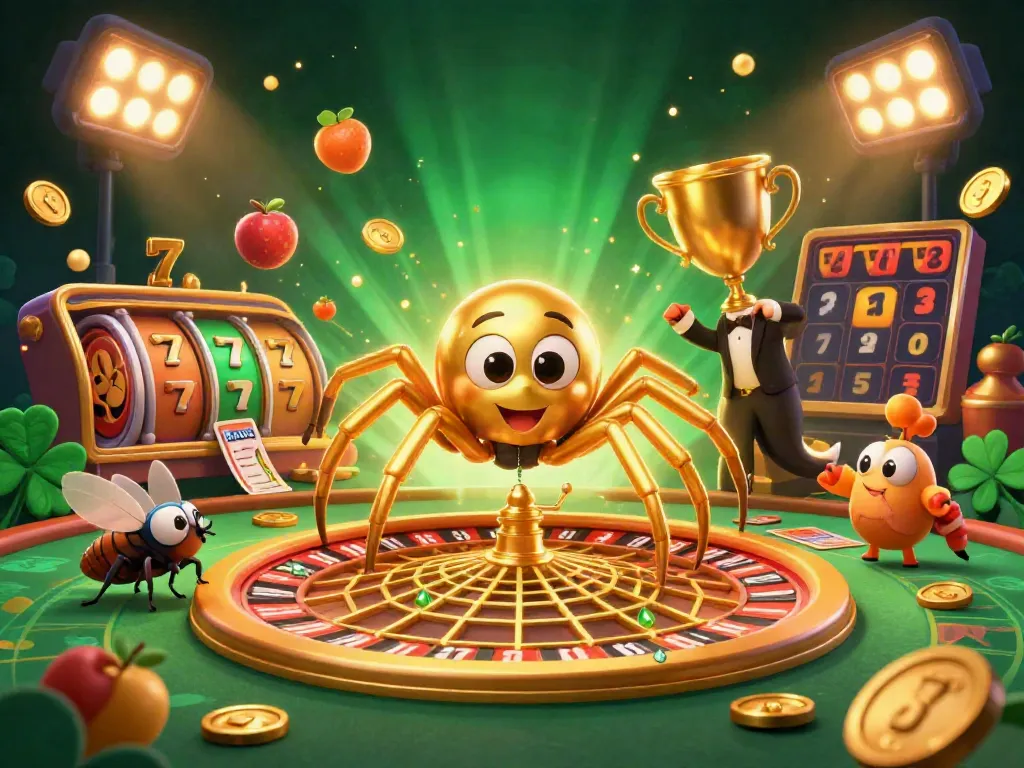 Experience thrilling wagers at iwin's roulette wheel, featuring a golden spider and centipede croupier.