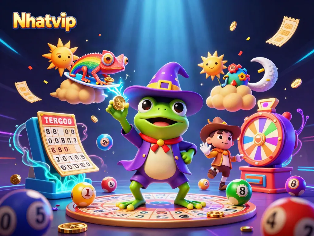 Nhatvip's vibrant gaming scene captures a storm of golden coins in a fantasy illustration.