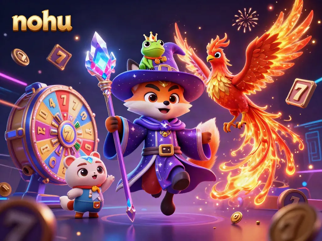 Nohu online casino illustrated with a mystical fox wizard and a phoenix amidst colorful slot elements.