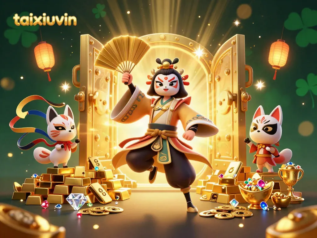 Engage in thrilling gameplay with taixiuvin, featuring vibrant characters, gold treasures, and festive spirits.
