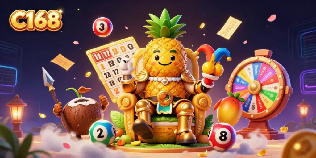 Win big with C168 in a vibrant beach casino scene featuring a golden pineapple king and lively gambling elements.